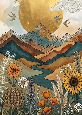 Bohemian Landscape with Mountains and Flowers