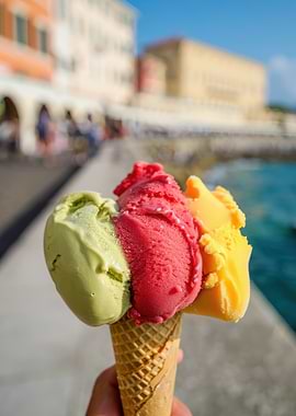 Three scoops of gelato in a cone