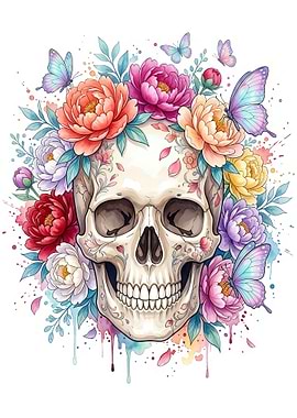 Skull adorned with colorful flowers and butterflies