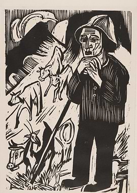 Woodcut of a Shepherd with Cows
