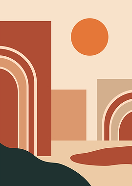 Boho Abstract Landscape with Sun and Arches