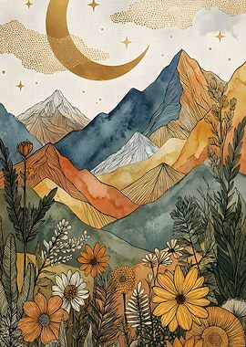 Bohemian Mountain Landscape with Moon and Flowers