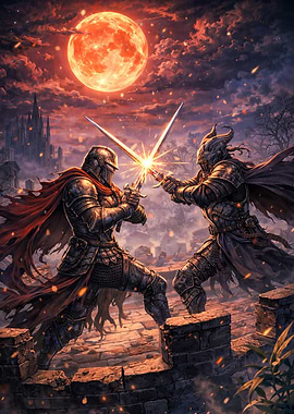Knights Battling Under a Blood Moon