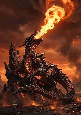 Dragon breathing fire on rocky terrain