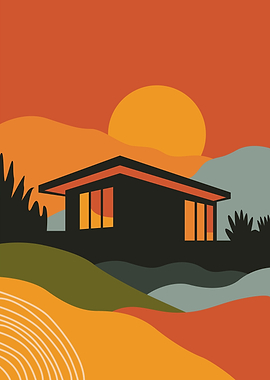 Minimalist House at Sunset Landscape