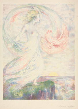 Woman with flowing fabric at sunrise
