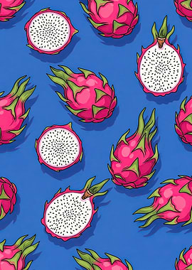 Dragon Fruit Pattern on Blue Background