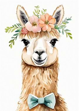 Cute Llama with Flower Crown and Bowtie