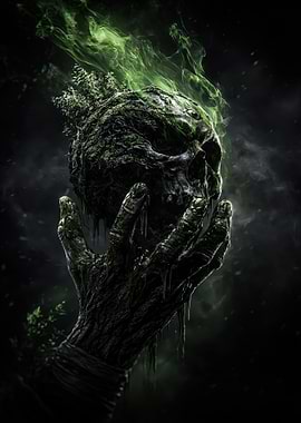 Mossy Skull Held by Gnarled Hand