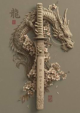 Dragon and Katana with Cherry Blossoms