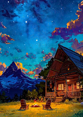 Cozy Cabin Under a Starry Night Sky