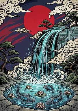 Digital Waterfall with Koi Pond
