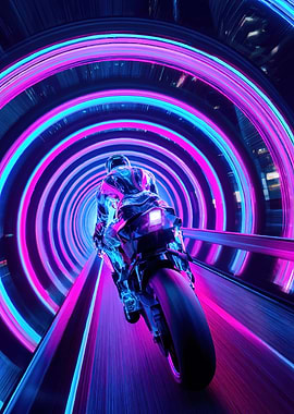 Cyberpunk Motorcycle in Neon Tunnel