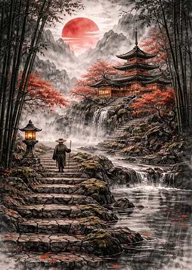 Monk Ascends Steps to Pagoda