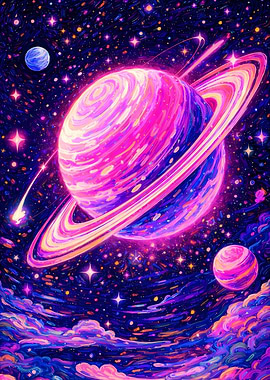 Vibrant Cosmic Planet with Rings