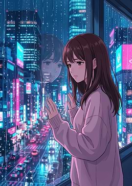 Girl looking out rainy window at city