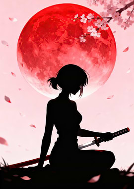 Silhouette of a Samurai Girl under a Red Moon