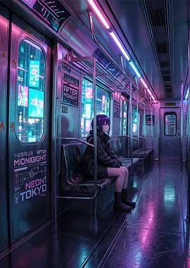 Anime Girl on Neon Tokyo Train