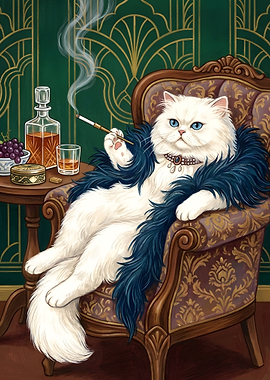 Glamorous Cat Smoking in Art Deco Style