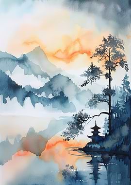 Watercolor Landscape with Pagoda and Mountains