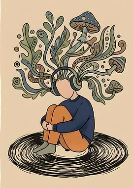 Person Listening to Music with Mushrooms