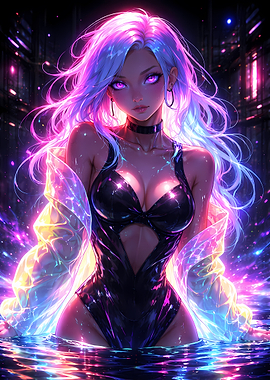 Cyberpunk Anime Girl in Neon Water
