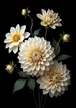 Cream Dahlias on Black Background