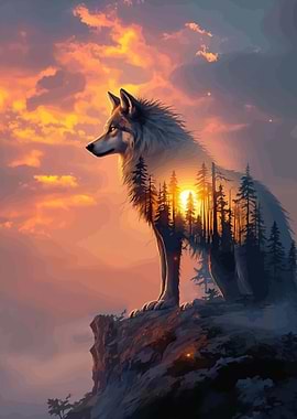 Wolf in Forest Sunset