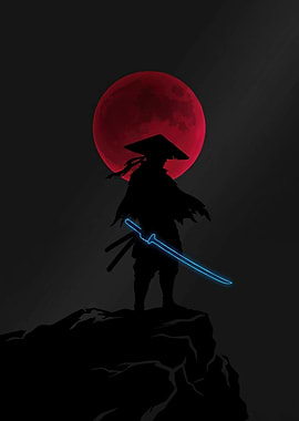 Samurai Silhouette Under Red Moon