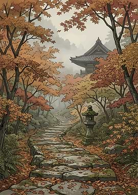 Autumn Path to Japanese Temple