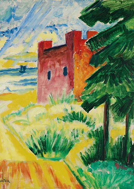 Vibrant Landscape with Red Tower