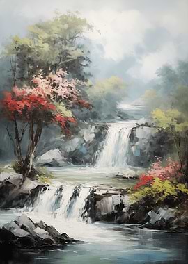Serene Waterfall Landscape Painting