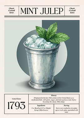 Mint Julep | Classic 1793 American Bourbon Cocktail | Vintage Green Cocktail Art