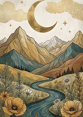 Bohemian Mountain Landscape with Moon