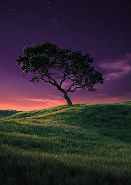 Lone Tree Under Starry Purple Sky