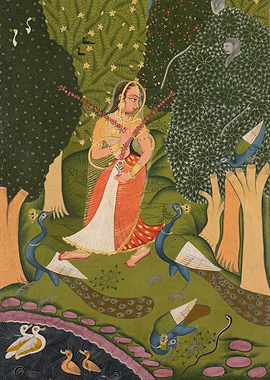 Woman with Peacocks in a Garden, Indian Painting