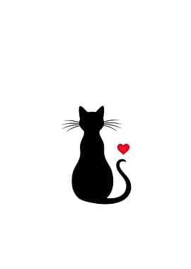 Black Cat Silhouette with Red Heart
