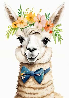 Cute Llama with Flower Crown and Bow Tie