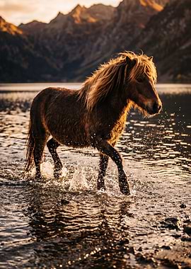 Horse walking through water at sunset
