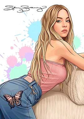 Sydney Sweeney Illustration with Butterfly Jeans