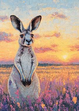 Kangaroo in a Field at Sunset