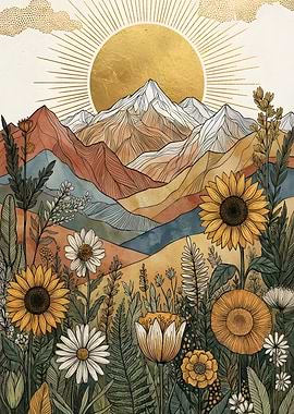 Golden Sun Over Mountain Landscape with Flowers