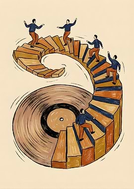 People climbing spiral staircase on vinyl record
