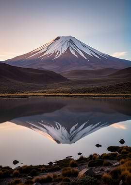 Snow-capped volcano reflected in a lake