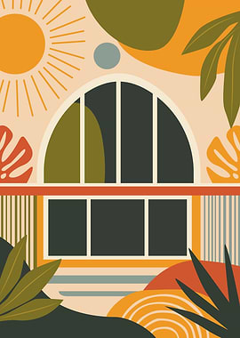 Abstract Mid-Century Modern Botanical Scene