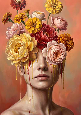 Surreal Floral Portrait with Dripping Paint