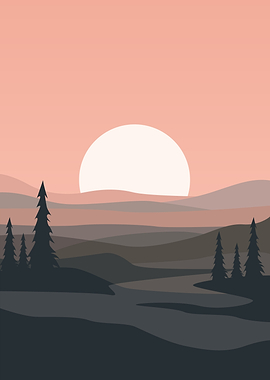 Minimalist Sunset Landscape with Trees