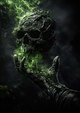 Mossy Skull Held by Gnarled Hand