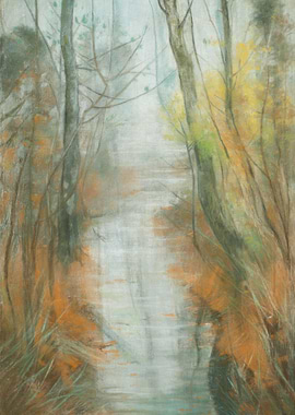 Misty Forest Stream Painting