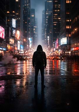 Man in Hooded Jacket in Rainy City